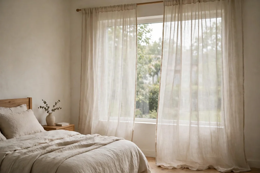 Sheer linen curtains at a bedroom window in soft daylight.