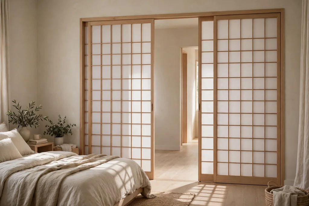 Shoji style sliding panels with light wood frames in a calm bedroom doorway.