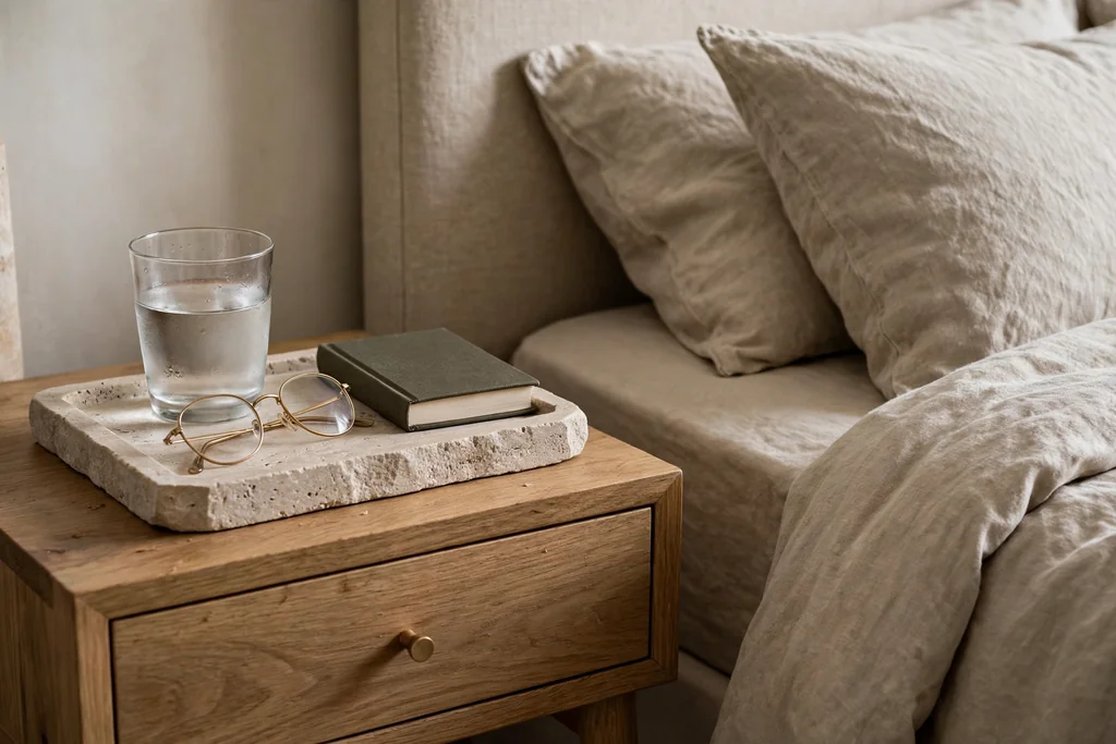 Stone tray on a nightstand holding a glass of water, glasses, and a small book.
