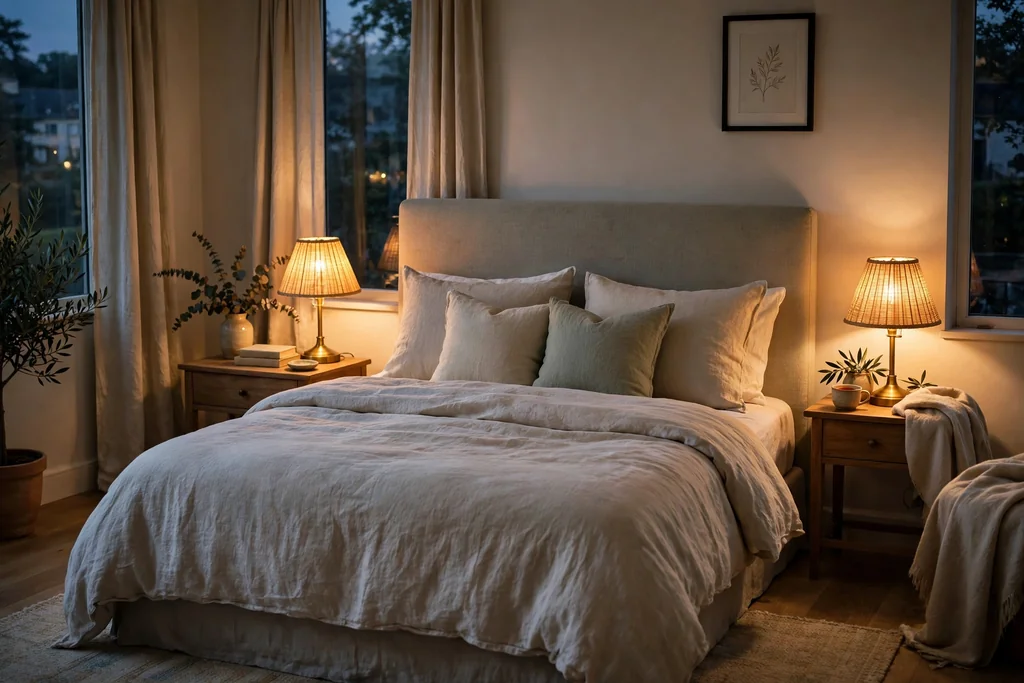 Warm bedside lamps glowing on both sides of a bed in the evening.