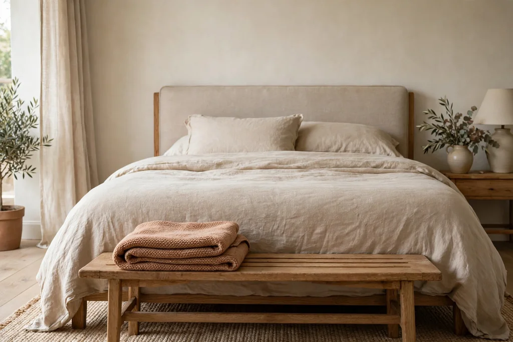 Low wooden bench at the foot of a bed with a folded throw in a calm bedroom.