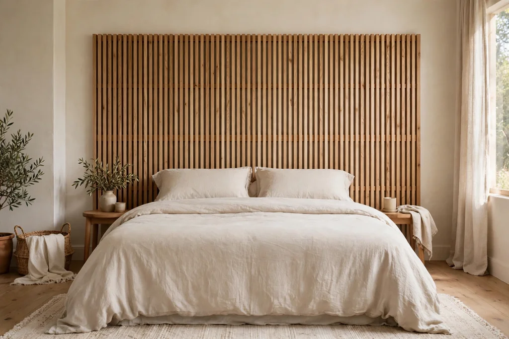 Slatted natural wood headboard behind a bed with plain bedding in a calm bedroom.