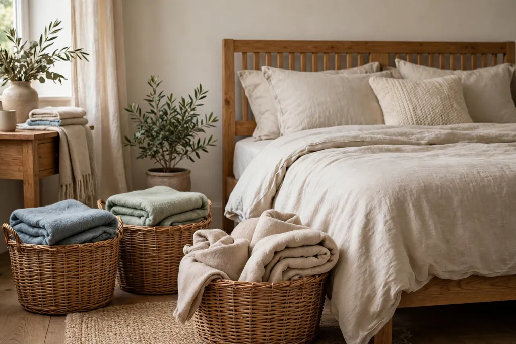 Woven baskets holding folded throws beside a bed in a calm bedroom.