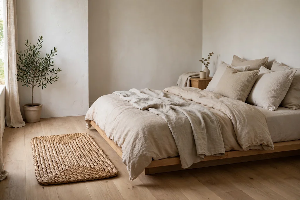 Woven floor mat beside a low bed in a calm bedroom with wood floors.